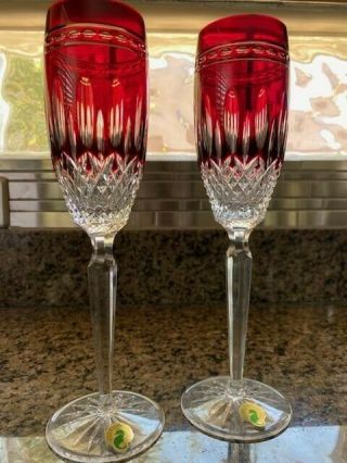 Waterford Clarendon Champagne Flutes Ruby Red Set Of 2 - No Box