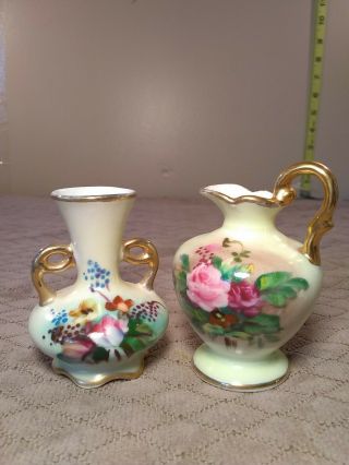 Vintage Kasuga Ware Hand Painted Floral Miniature Pitcher & Vase Trimmed In Gold