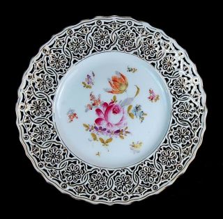 Antique Dresden Saxony Hand Painted Flowers Reticulated 8 " Cabinet Plate