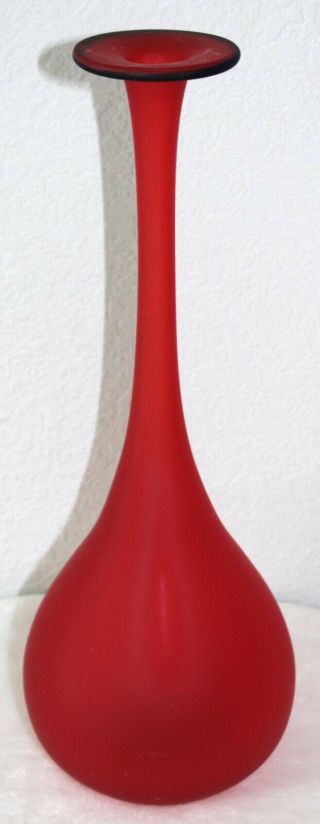 Carlo Moretti Red Satin Glass Pencil Vase Blue Rim Satinato Murano Italian