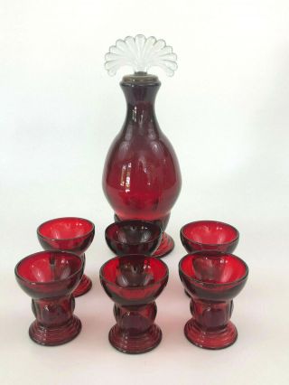 Martinsville Glass Co.  Ruby Glass Decanter & 6 Cordials,  Moondrops C.  1932