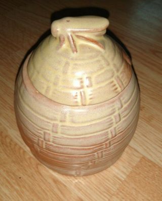 Vintage Frankoma Art Pottery Honey Pot Bumble Bee Hive Lidded Jar Brown 803