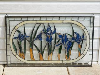 Handcrafted Stained Glass Beveled Iris Flowers Window Panel 34.  75 " X 20.  5 "
