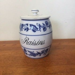 Antique German China Blue Onion " Raisins " Cannister / Jar.  With Lid
