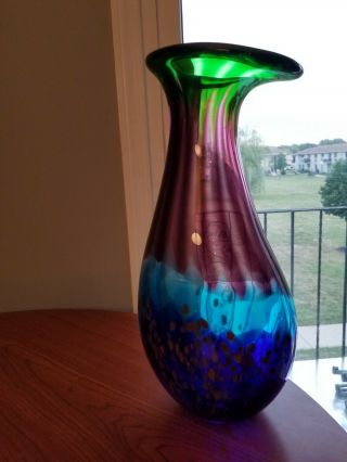 Murano Hand Blown Art Glass Multi - Color Blue Purple Vase 15 " H X 7 " W