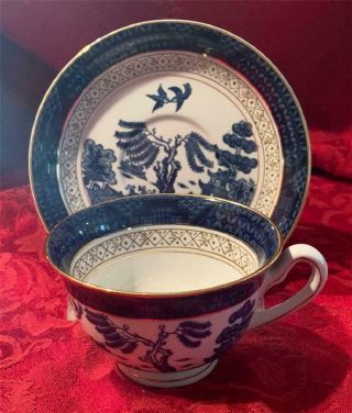 Vintage Occupied Japan Blue Willow Tea Cup And Saucer Gold Trim