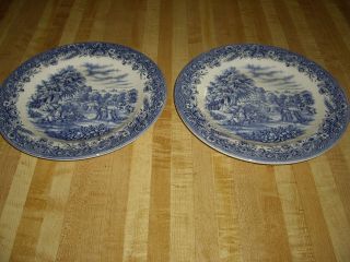 Vintage Currier & Ives Blue Set Of 2 10 " Dinner Plates Harvest Series England