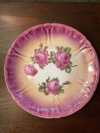Bonn Franz Ant Mehlem Germany Plate Pink Roses Porcelain Iridescent 8.  5 "