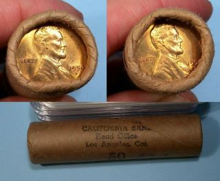 1954 - S Wheat Cents Obw Roll Ca Bank La Ca Flashy End Coins Inv Rolls 10 - 16