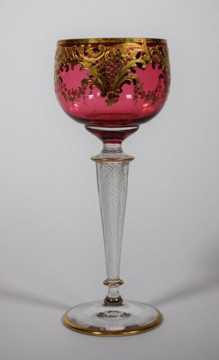 Moser Raised Gold Cranberry Goblet With Airtwist Stem,  Circa 1920