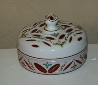 Large Czech Bohemian Cranberry To White Cased Glass Cut Lidded Candy Dish