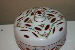 Large Czech Bohemian Cranberry to White Cased Glass Cut Lidded Candy Dish 2