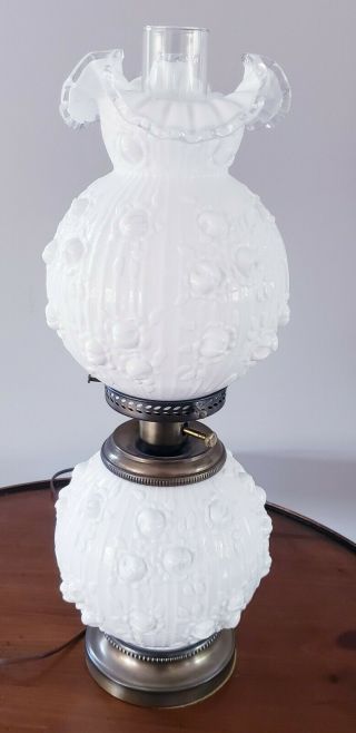 Fenton Glass White Silvercrest Milkglass Cabbage Rose Hurricane Lamp
