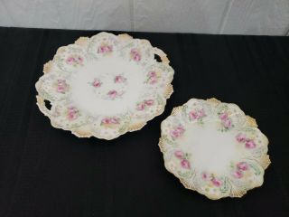2 Fabulous Rs Prussia Handled Cake Plate & Small Plate Pink & White Flowers