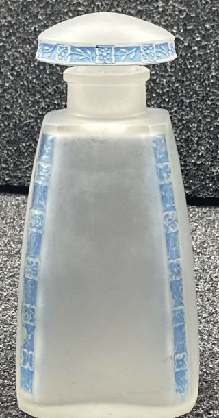 Antique 5” High Rene Lalique Perfume Bottle Blue Fleurette Patina