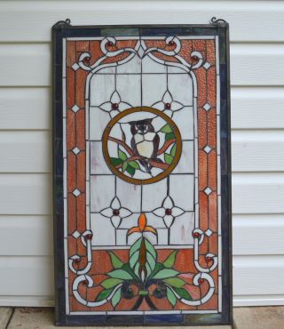 Owl Large Handcrafted Stained Glass Window Panel,  20 " X 34 "