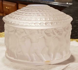 Lalique French Signed Crystal Les Enfants Frosted Cherubs Powder Box Jar