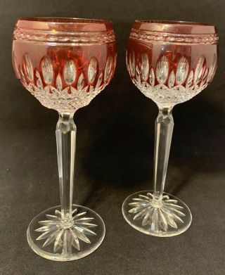 Waterford Crystal Clarendon Ruby Red Cut To Clear 2 Wine Hocks 8 " Euc