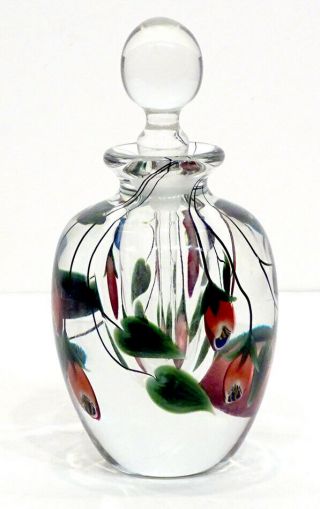 1984 Signed Steven Lundberg Studios Art Glass Floral Perfume Bottle & Stopper