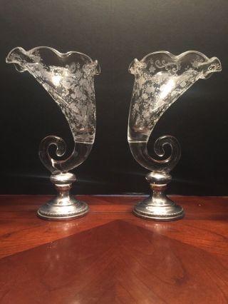 Cambridge Chantilly Pair Fluted Cornucopia Table Vases With Sterling Base