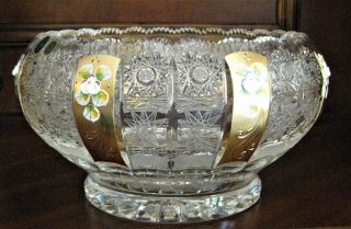 Bohemian Czech Vintage Gold Crystal 10 " Round Bowl Hand Cut Queen Lace 24 Lead