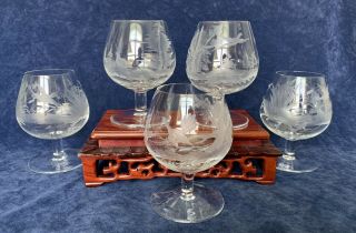 Moser Hand Etched Birds Of The Wild Small Brandy Glasses - Set Of Five