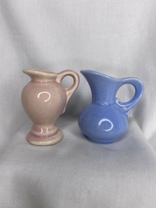 2 Shawnee Usa Pottery Pink & Blue Mini Miniature Pitcher Figurines