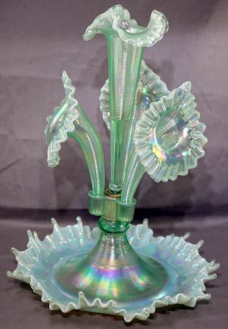Vintage Fenton Epergne Seafoam Green Opalescent Art Glass 20 16 " High