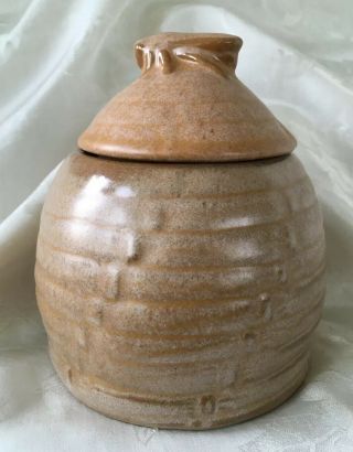 Vintage Frankoma Art Pottery Honey Pot Bumble Bee Hive Lidded Jar Brown 803