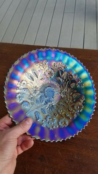 Purple Oxblood Northwood Carnival Glass Good Luck Plate Stippled Rare Thin Base