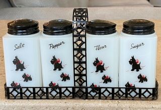 Tipp City Usa Scottie Dogs Milk Glass Range Shaker Set In Black Lattice Caddy