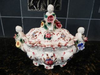 Vtg Capodimonte Style Candy Dish - Cherubs,  Flowers,  Roses,  Made In Italy