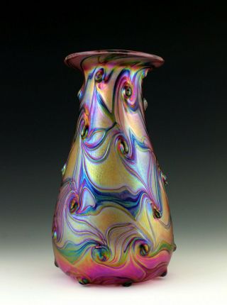 Glamorous Bohemian Art Nouveau Jugendstil Iridescent Glass Vase Tall 9 3/4