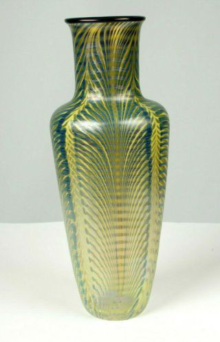 Vintage Orient & Flume Art Glass Iridescent Feathered Vase: By David Smallhouse