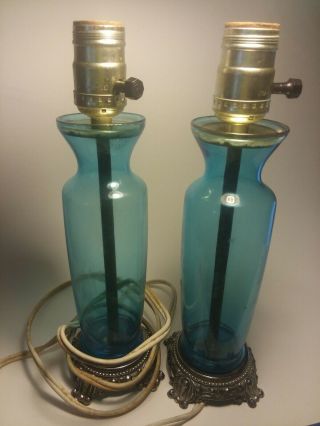 Vintage Mid Century Modern Blenko Table Lamps (pair) Blue Art Glass Ormalou Base