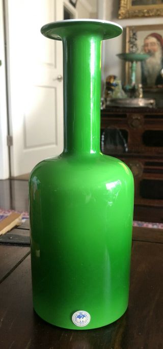 Vintage Mid Century Kastrup Holmegaard Denmark Green Over White Bottle Vase 10”
