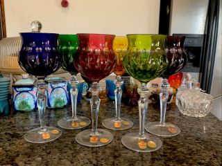 6 - Nachtmann Bleikristall Crystal Wine Glasses Cut To Clear Multi Colors -
