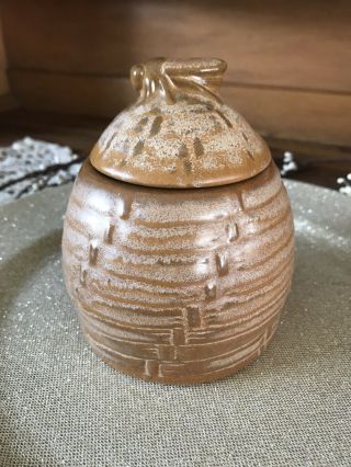 Vintage Frankoma Art Pottery Honey Pot Bumble Bee Hive Lidded Jar Brown Gold 803