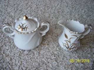 Set Of 2 Vintage Lefton China Golden Wheat Sugar Bow With & Lid Creamer 20595