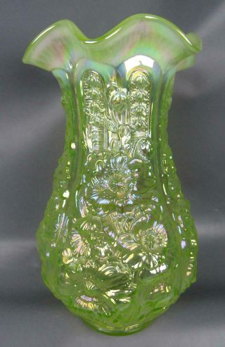 Fenton for Singleton Bailey POPPY SHOW Iridized Lime Green Opalescent Vase F014 2