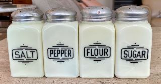 Mckee Custard Glass Large Art Deco Box Salt Pepper Flour & Sugar Range Shakers