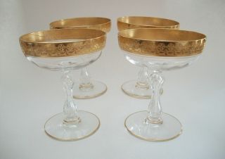 Tiffin Glass - Cut Crystal Champagne Coupes - Gold Rims - U.  S.  A.  - Circa 1950 