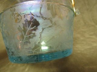 Rare Fostoria glass 1920 ' s Oakwood iridescent Azure Blue Whip Cream Pail w/Bail 2