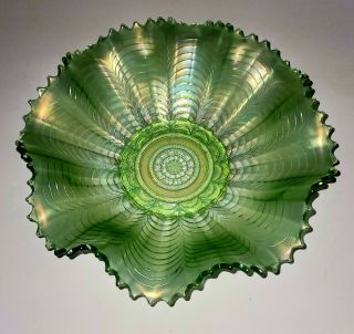 Northwood " Nippon " Ice Green Carnival Glass Pie Crust Edge Bowl 10.  5 Inches