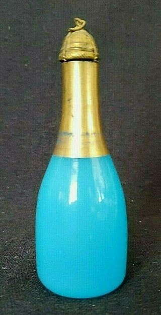 French Blue Opaline Antique Perfume Scent Bottle Ornate Ormolu Bronze Stopper