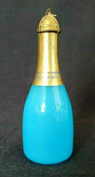French Blue Opaline Antique Perfume Scent Bottle Ornate Ormolu Bronze Stopper 2