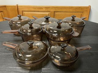 Vintage Corning Pyrex Vision Ware Amber Glass Cookware 14 Pc Set Pots & Pans