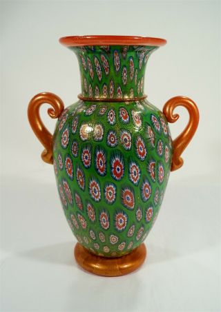 Rare Gambaro & Poggi Murano Large Red Aventurine Millefiori Handled Urn/vase
