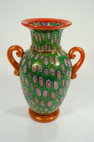 RARE Gambaro & Poggi Murano Large Red Aventurine Millefiori Handled Urn/Vase 2