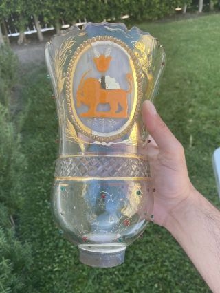 Antique Large Bohemian Glass Enamel Hurricane Shade - Persian - Crystal